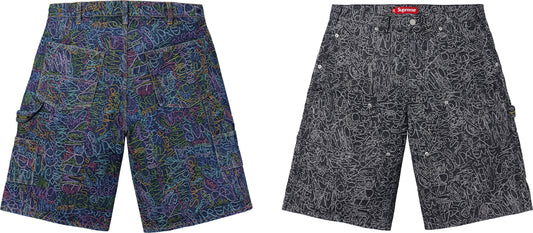 HANDWRITING DOUBLE KNEE DENIM SHORT