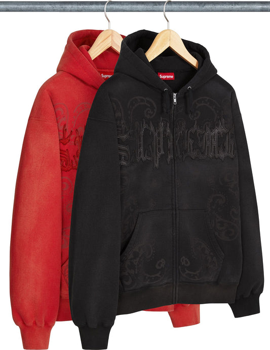 SUPREME LEATHER APPLIQUÉ ZIP UP HOODED SWEATSHIRT