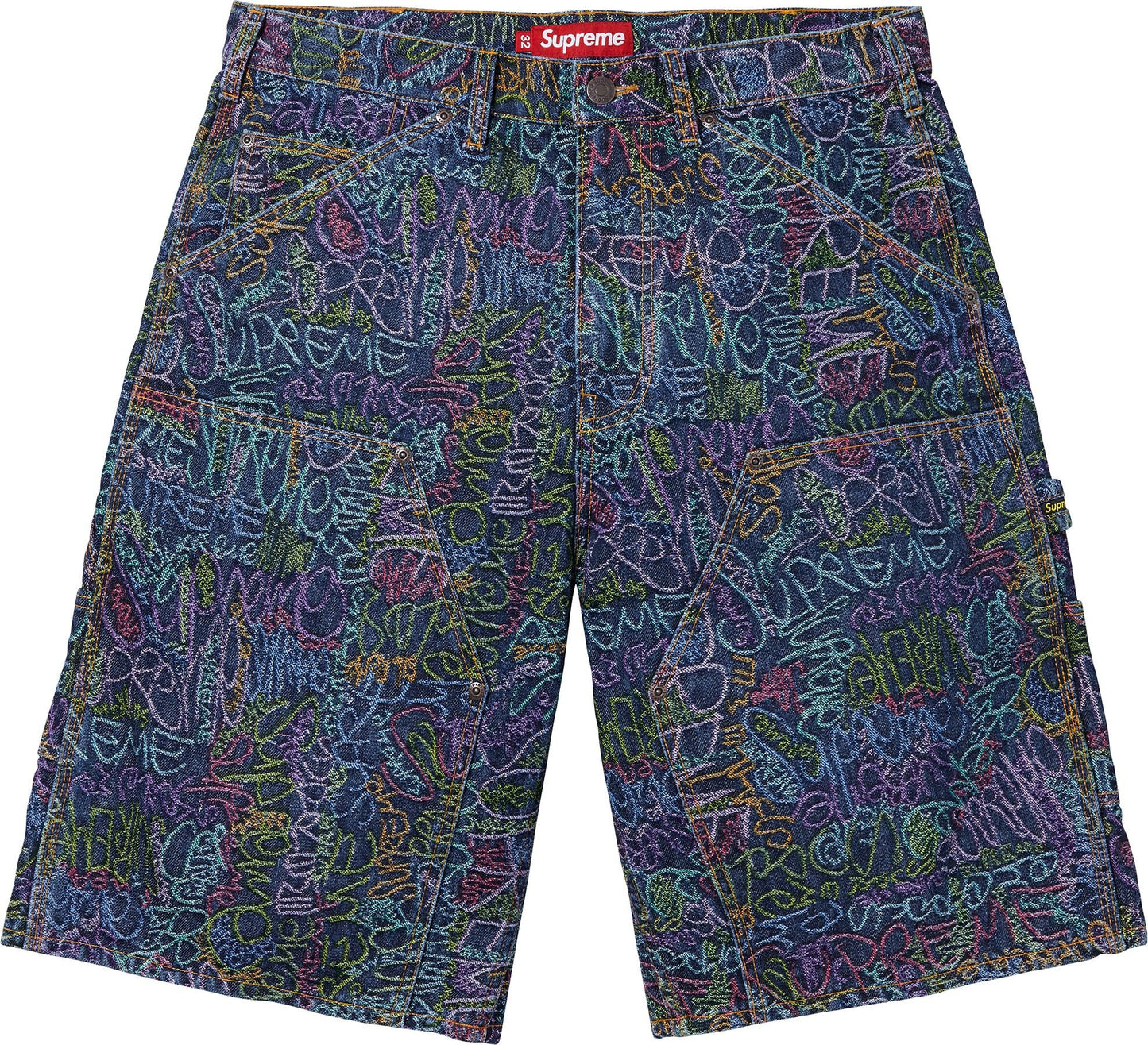 HANDWRITING DOUBLE KNEE DENIM SHORT