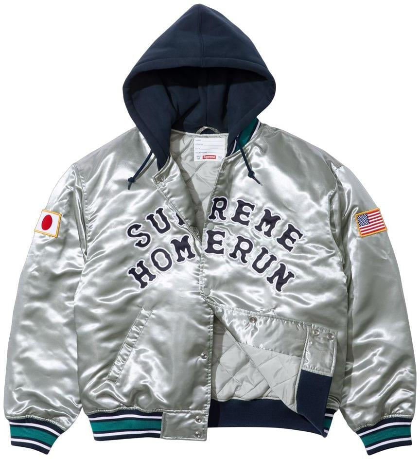 SUPREME®/HOMERUN SATIN HOODED VARSITY JACKET