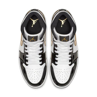 Jordan 1 Mid Patent Black White Gold